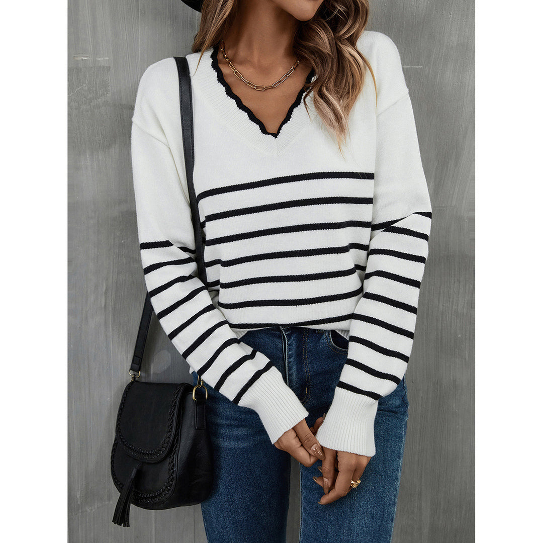 Damer fashionable V-hals pullover med stribemønster Stilla