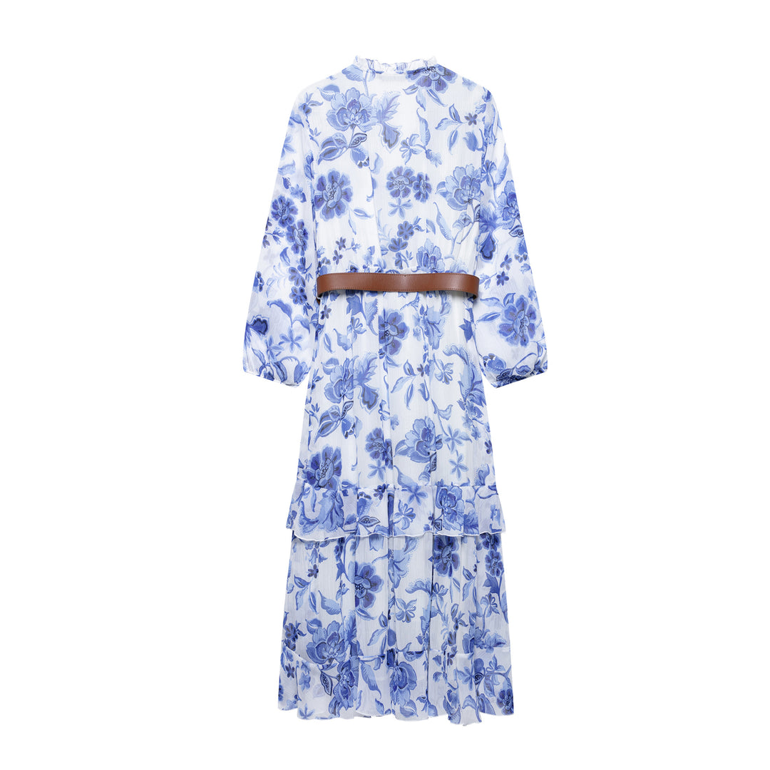 Dame Floral-Print Langærmet Kjole med Bælte Stilla