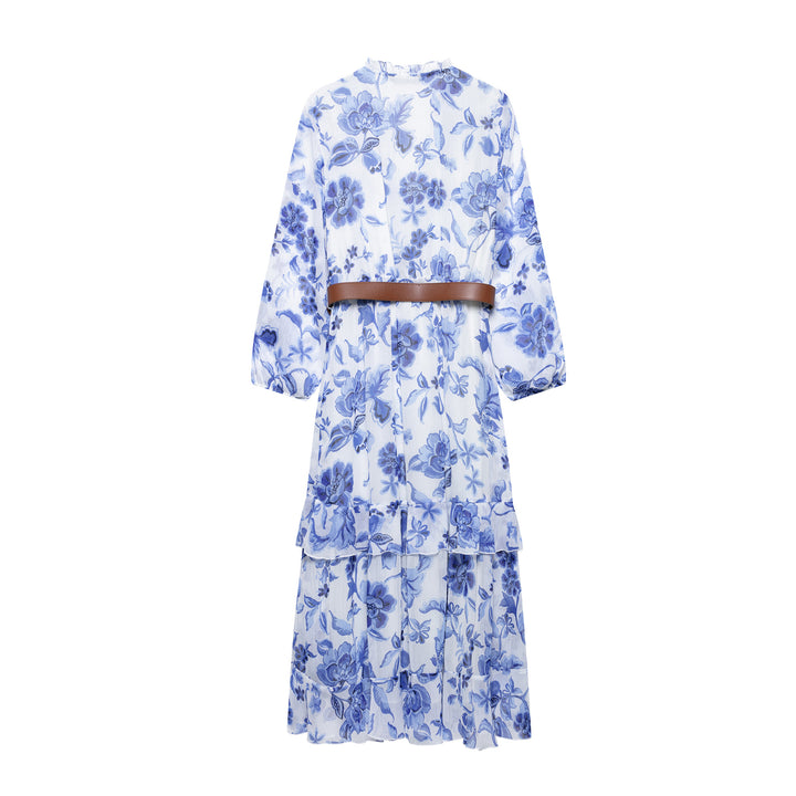 Dame Floral-Print Langærmet Kjole med Bælte Stilla