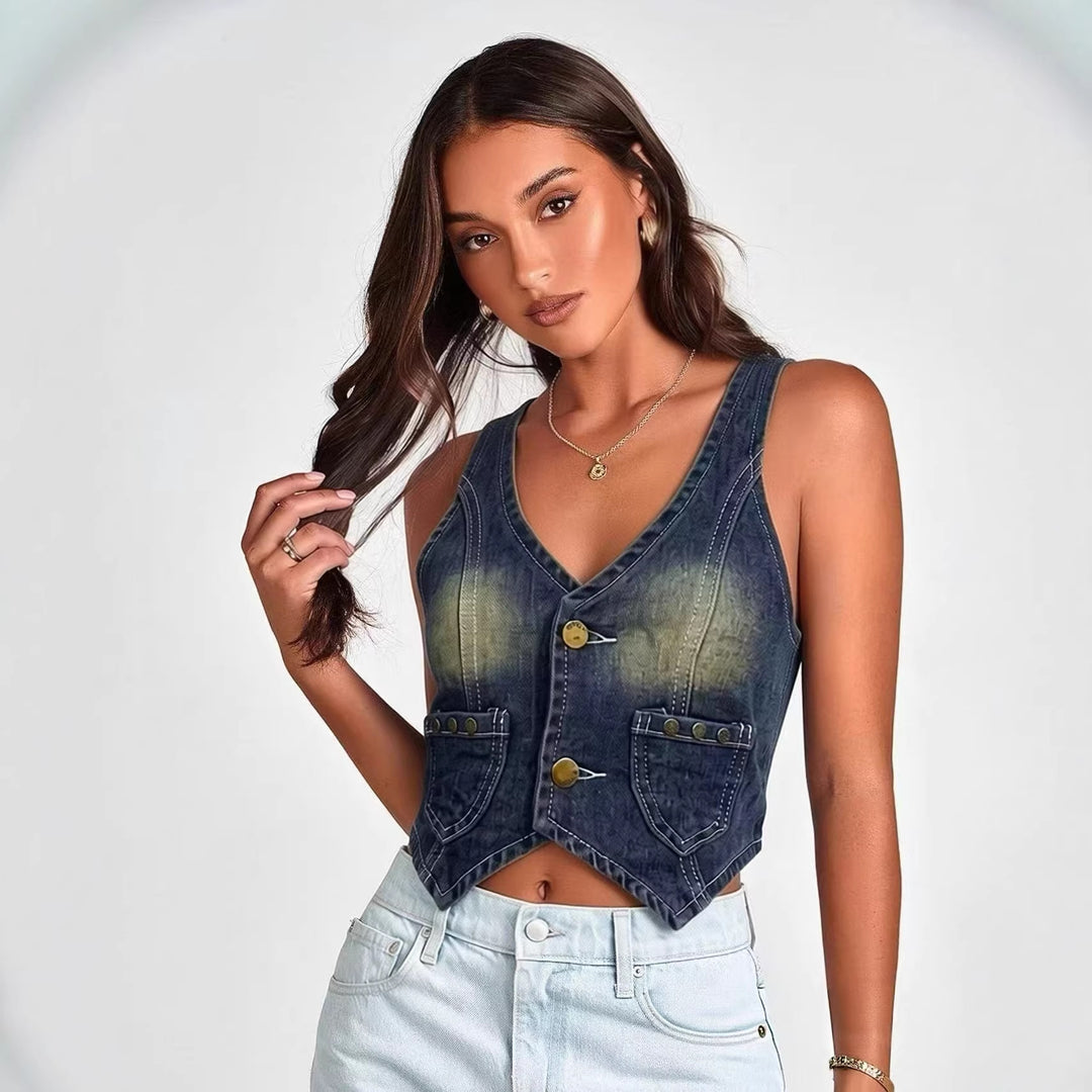 Dame Denim Bustier-Jakke med knapdetaljer og påsyede lommer Skovae