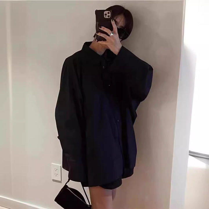 Dame oversized skjorte bluse med klassisk krave og sidelomme Stilla