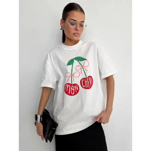 Dame T-Shirt med frugtig print og charmerende tekst Stilla