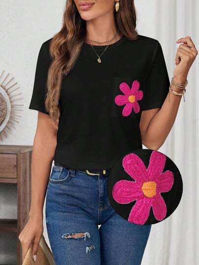 Dame T-shirt med blomstret applikationsmotiv og brystlomme Stilla