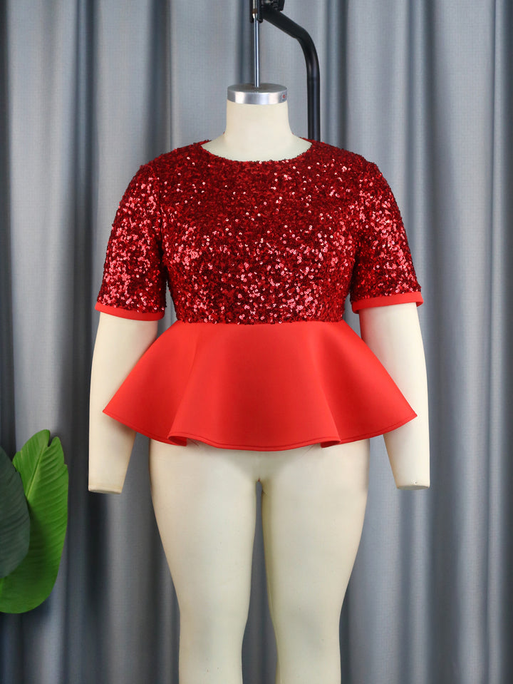 Damer elegant glitrende overdel med svajende peplum Skovae