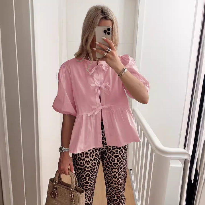Dame Puffærmet Bluse med Sløjfe-detaljer og voluminøs Snit Stilla