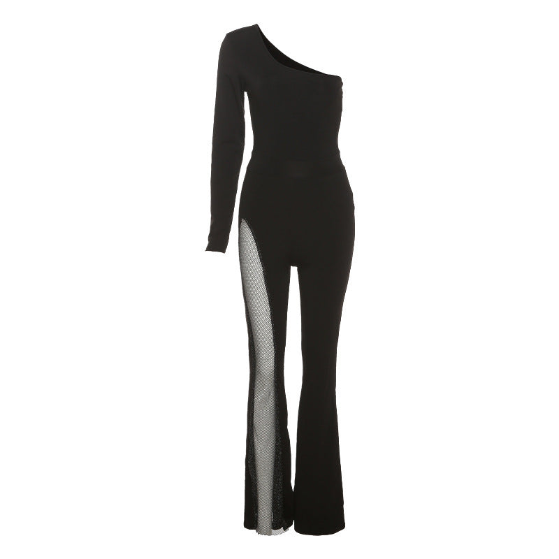 Dame figursyet jumpsuit med asymmetrisk udskæring og netindsatser Skovae