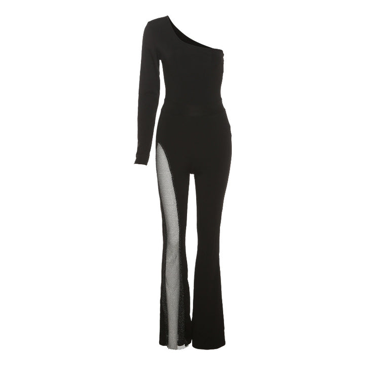 Dame figursyet jumpsuit med asymmetrisk udskæring og netindsatser Skovae