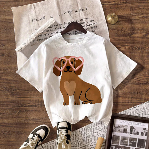 Dame T-shirt med sød hundemotiv og legende design Skovae