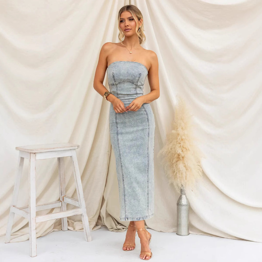 Dame Midikjole med slidstærk denim og bustier-overdel Stilla