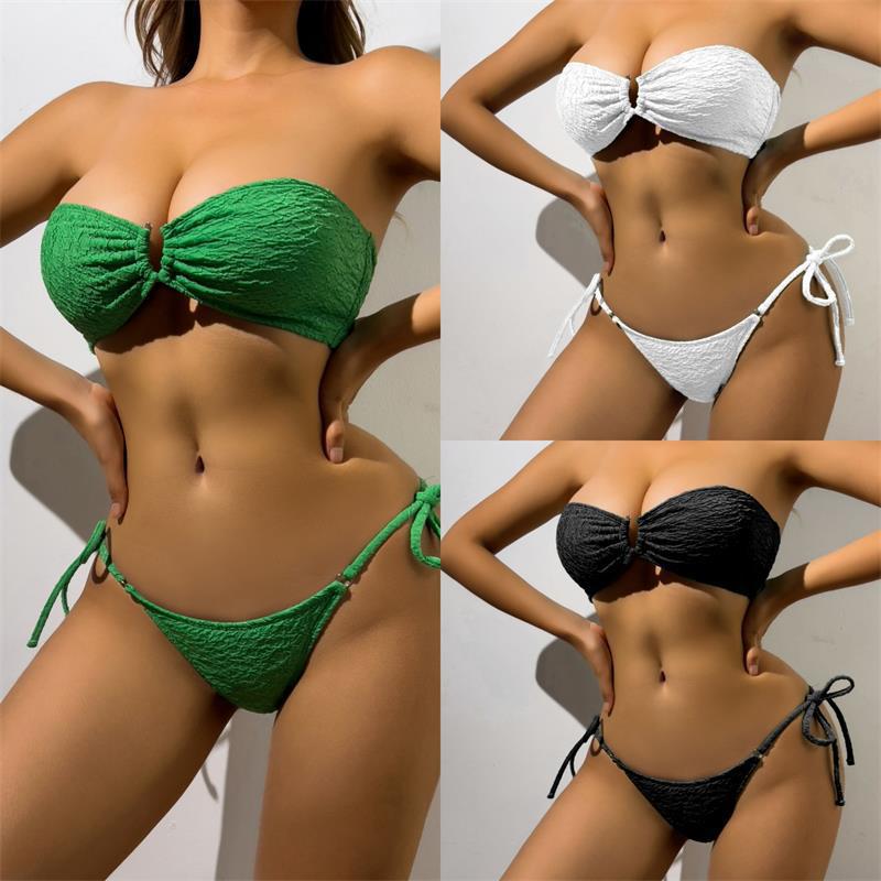 Dame bandeau-bikini med moderigtigt ruffle-design og justerbare bånd Skovae