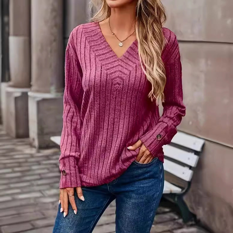 Dame strikpullover med V-hals og ribstruktur Stilla