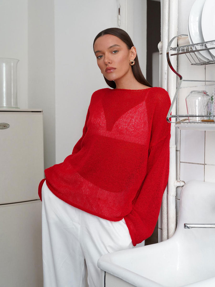 Damer casual sweater med brede ærmer og fint huller strik design Stilla