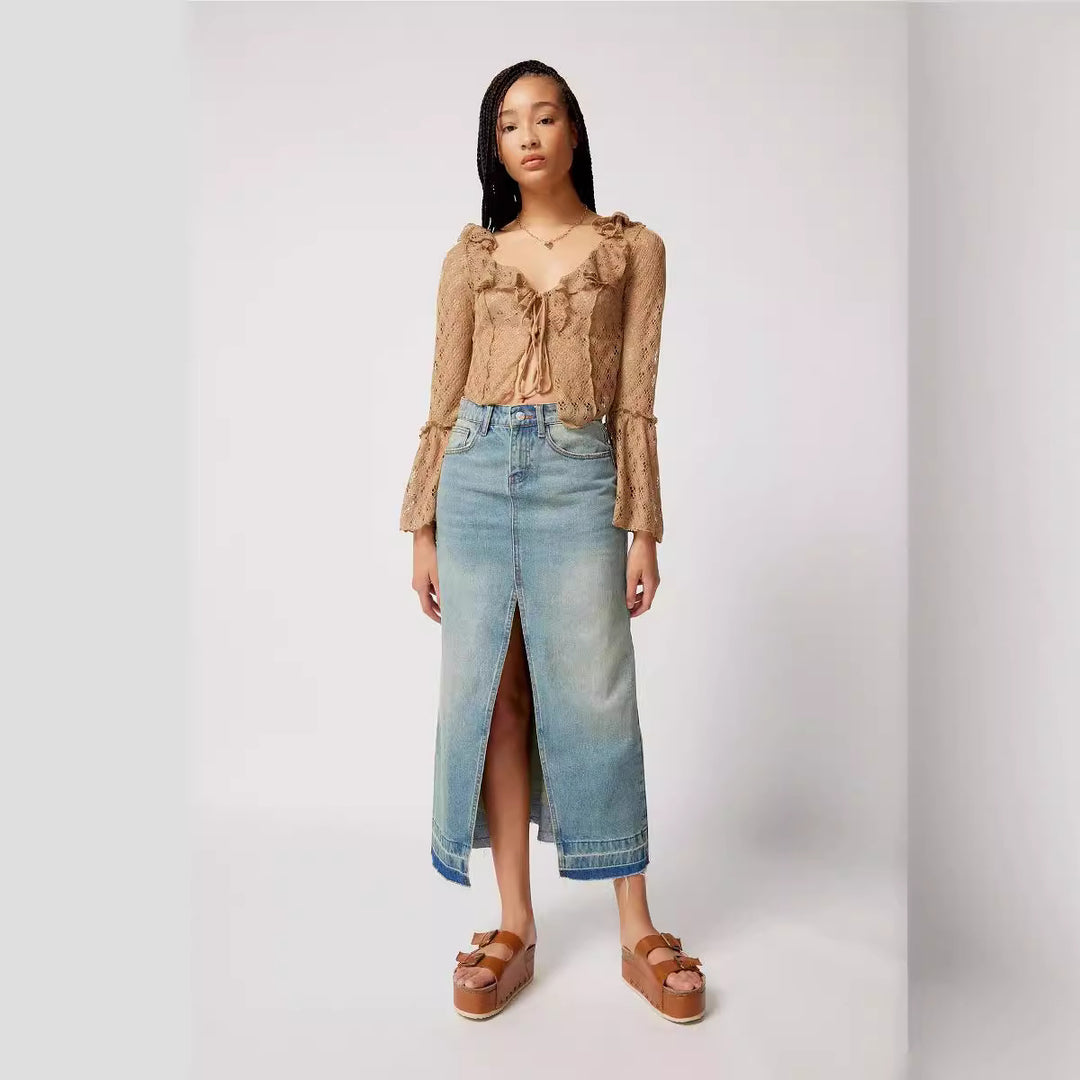 Dame Denim Maxi-nederdel med slidser og legende kant Stilla