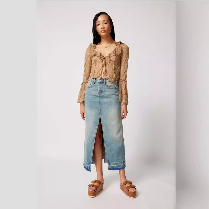 Dame Denim Maxi-nederdel med slidser og legende kant Stilla
