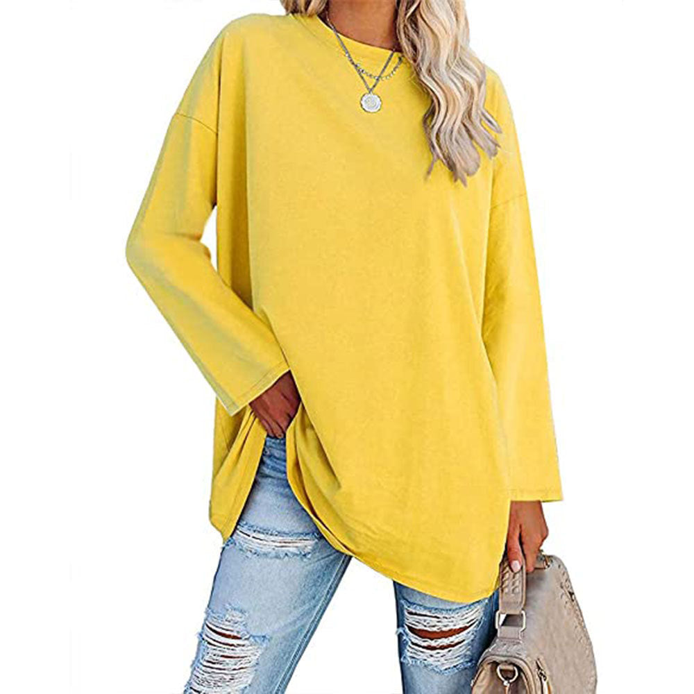 Dame afslappet oversized langærmet t-shirt med dyb rund halsudskæring og sidelange slidser Stilla