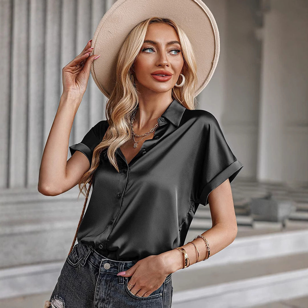 Dame Satin-bluse med overlappende skuldre Stilla