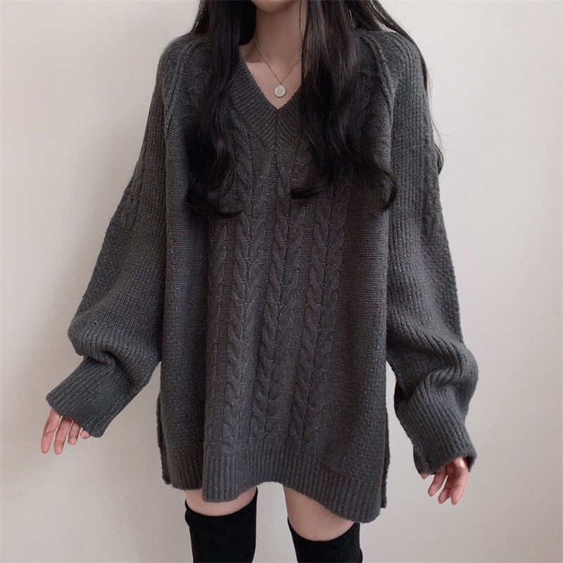 Femme Oversized V-Udskæring Kablestrikket Pullover Stilla