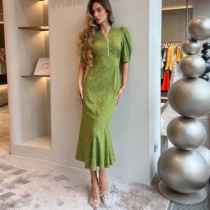 Dame elegant maxikjole med puffærmer og knapliste Stilla