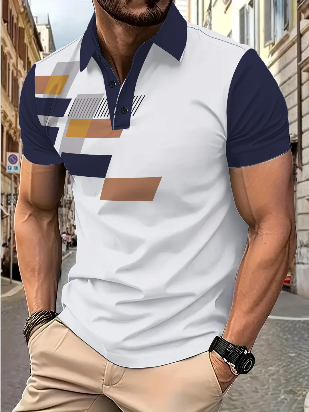 Herrer Poloshirt med moderne geometrisk tryk og åndbare egenskaber Stilla