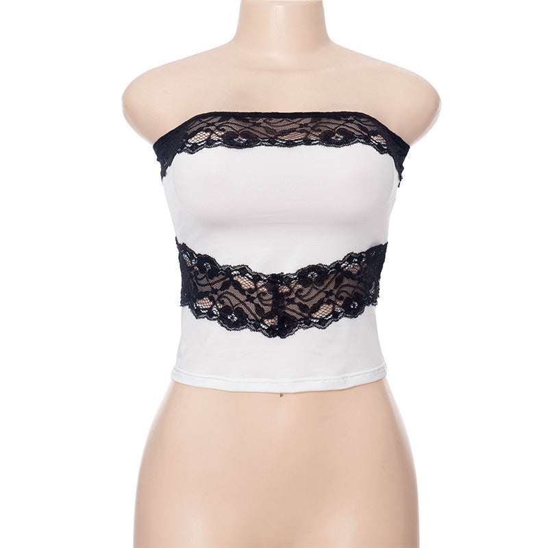 Dame bandeau-top med elegant blondekant og figurskærrende pasform Skovae