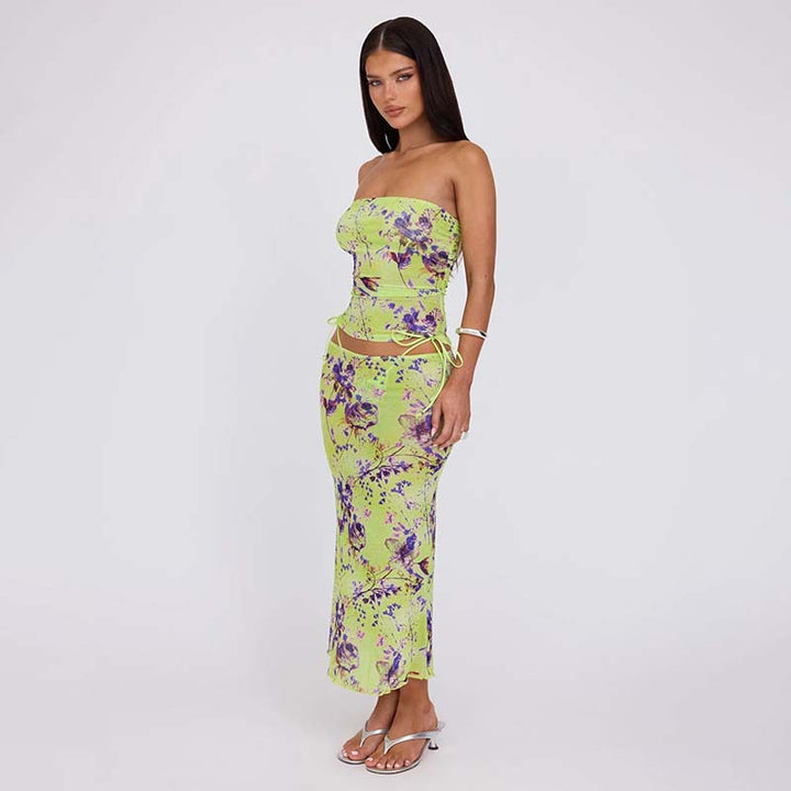 Damer blomster mønster strapless maxikjole Stilla