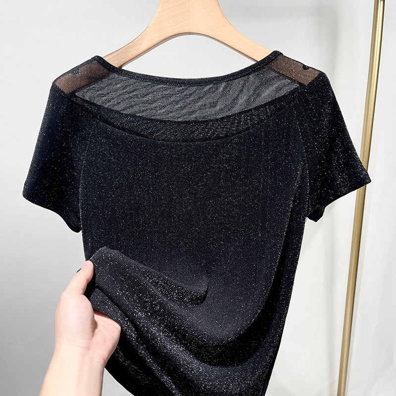 Dame Glitrende Kortærmet T-shirt med elegant Transparentdel Stilla