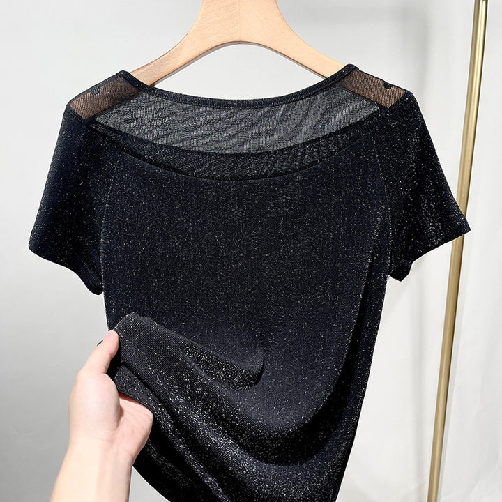 Dame Glitrende Kortærmet T-shirt med elegant Transparentdel Stilla