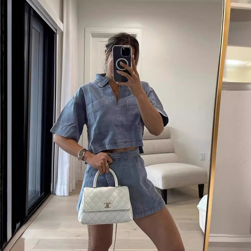 Dame Jeans-mini-sæt med casual kortærmet overdel og smart snit Stilla