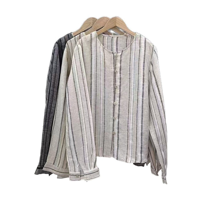 Femme Stribet Linned Knap-Down Bluse Stilla