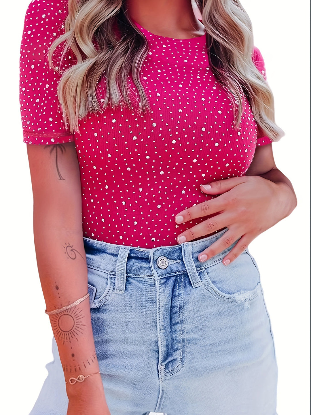Dame mode polka-dot T-shirt med kortærmet og elastisk materiale Stilla