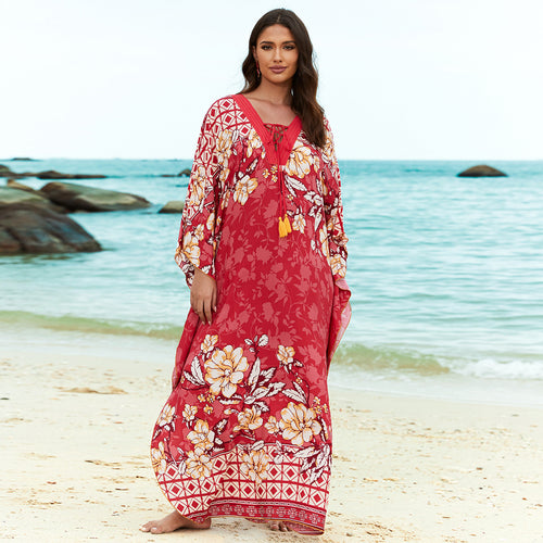 Dame Strandkaftan med florale detaljer og elegante ærmer Stilla
