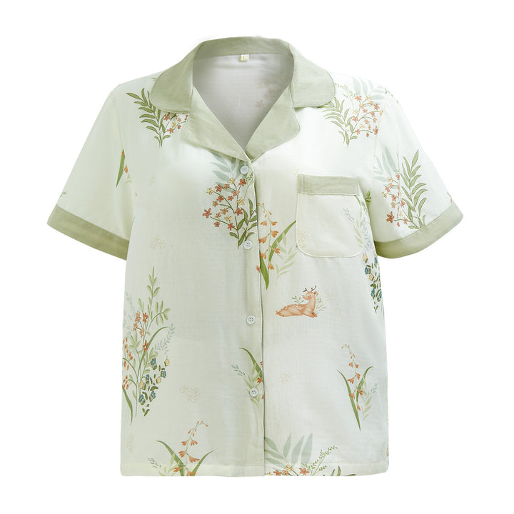 Dame Kortærmet Pyjama-Sæt med blomsterprint og elegant Knopliste Stilla