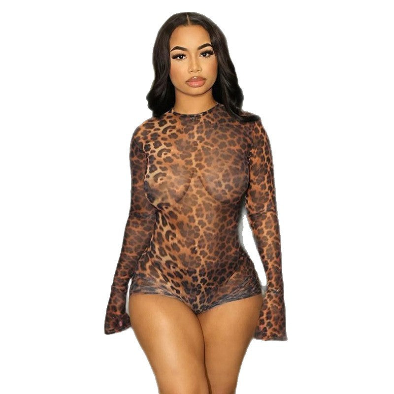 Dame Gennemsigtig Bodysuit med Leopardmønster Skovae