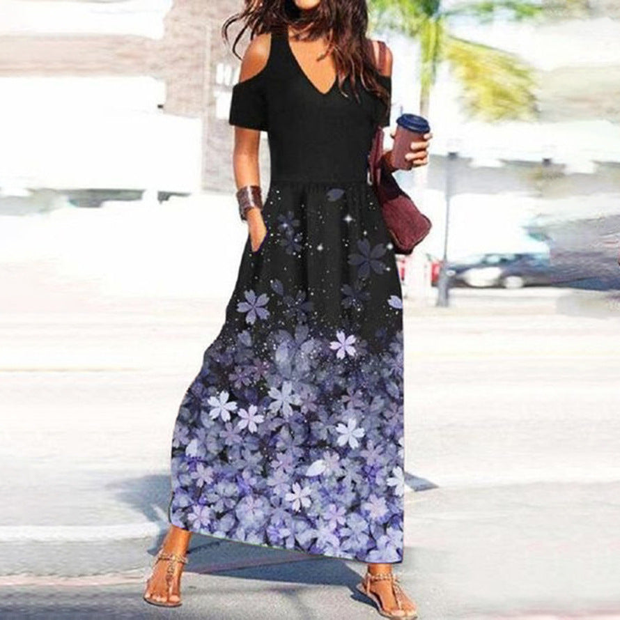Stilla | Chic Blomsterprint V-Hals Off-Shoulder Kjole
