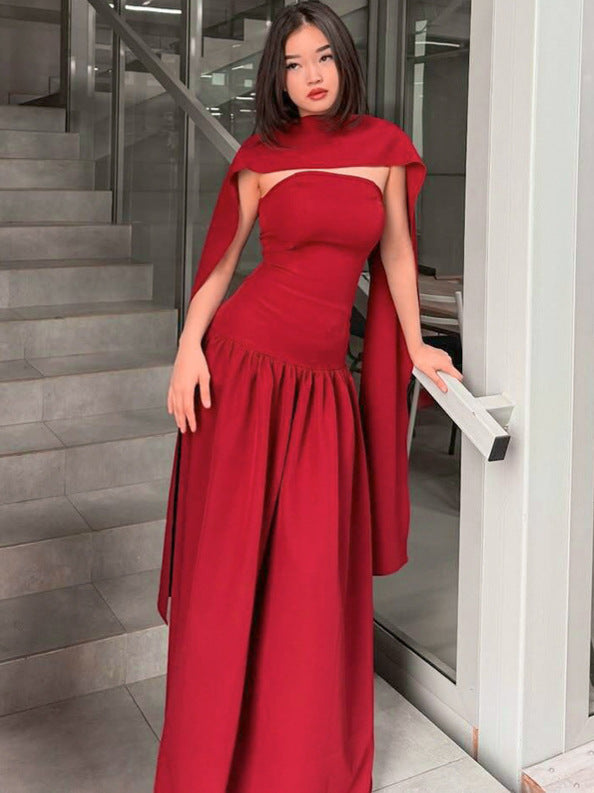 Dame Elegant Maxikjole med festlig Capedesign og fine Rüschendetails Stilla
