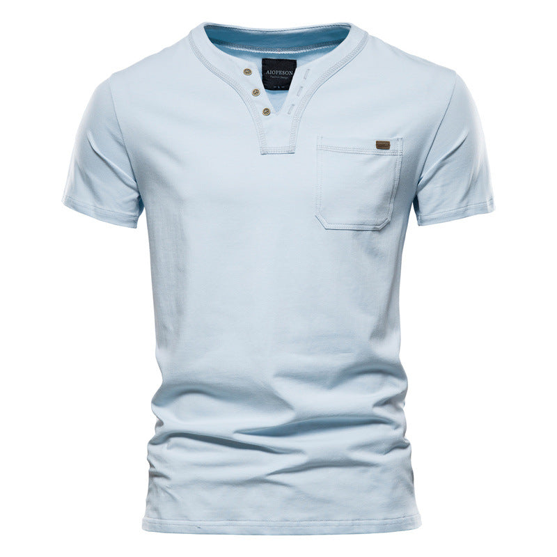 Herrer V-hals T-shirt med trykknapper og brystlomme Stilla