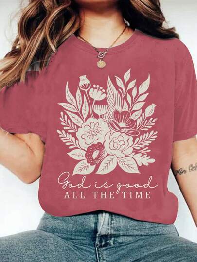Dame T-shirt med floralt motiv og inspirerende tekst Stilla