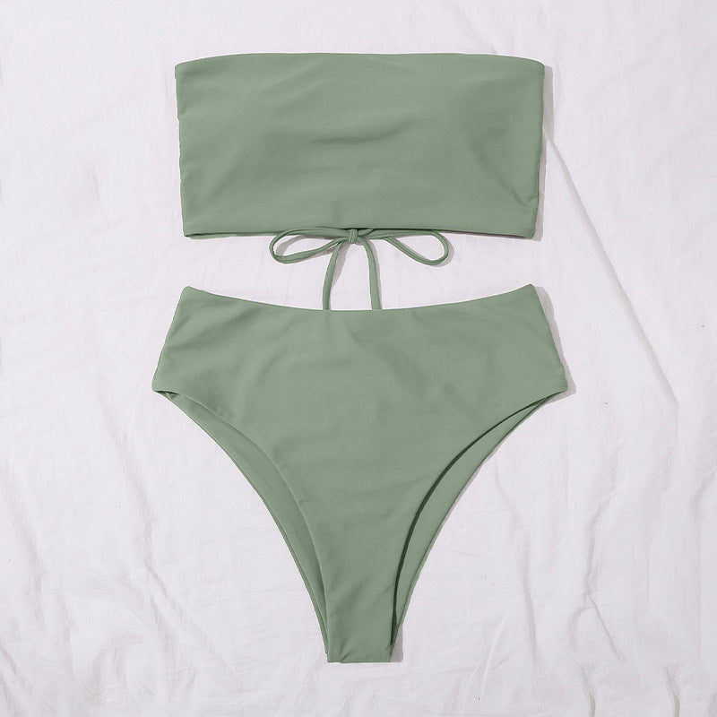 Dame bandeau bikini sæt med høj talje og raffineret bindedetalje Skovae