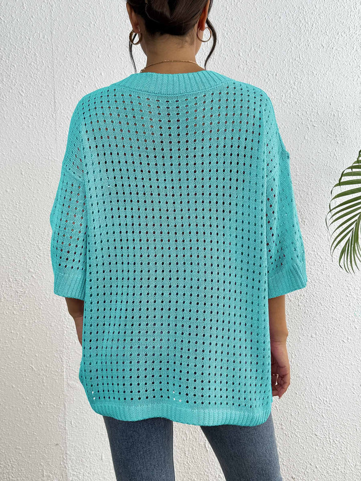 Dame luftig strikket pullover med V-hals og åben maskestruktur Stilla