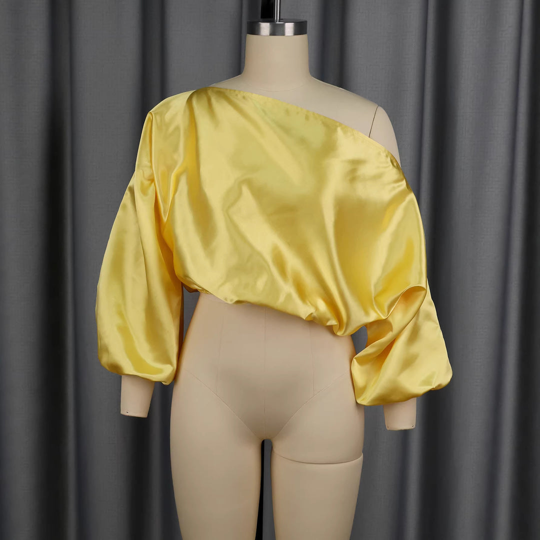 Damer elegant asymmetrisk overdel med voluminøse puffærmer Skovae