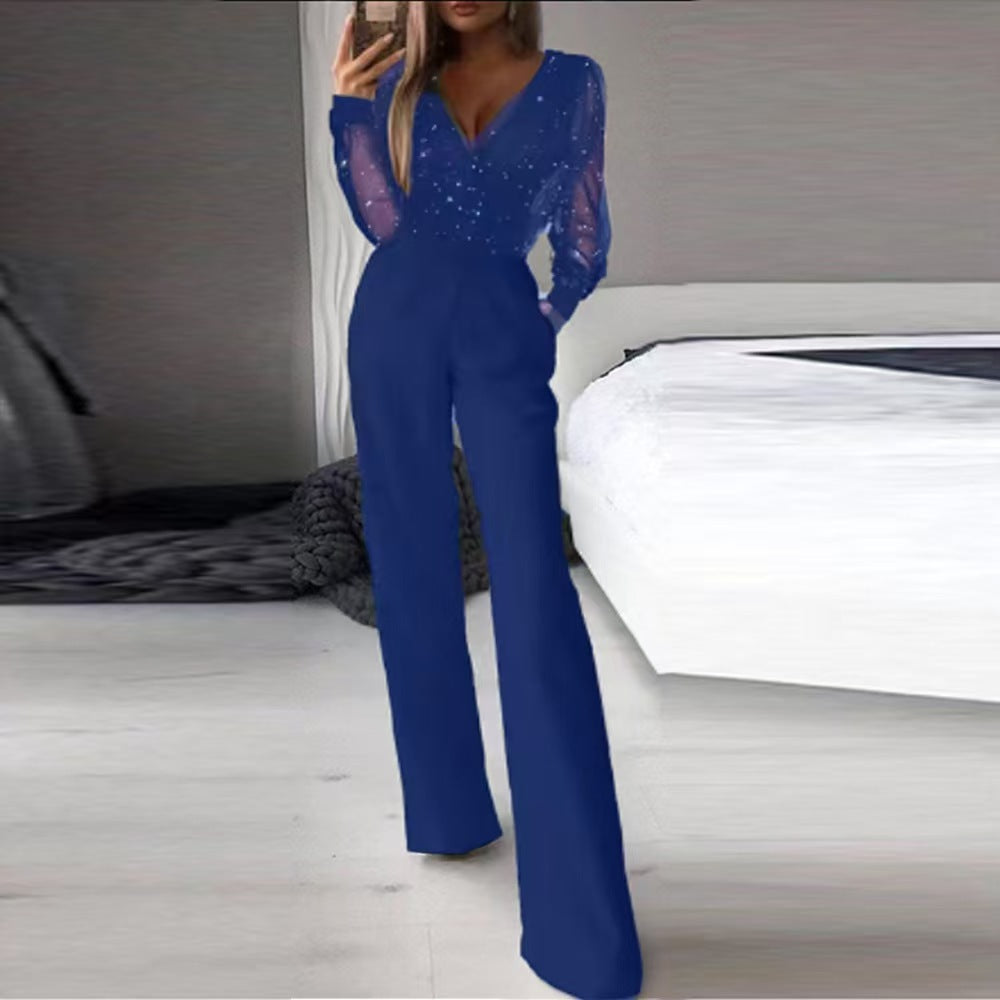 Damer Elegant Jumpsuit med gennemsigtige ærmer og glitrende detaljer Skovae