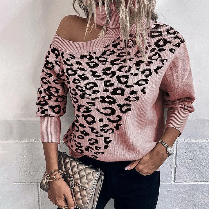 Damepullover med moderne leopardmønster og off-shoulder design Stilla