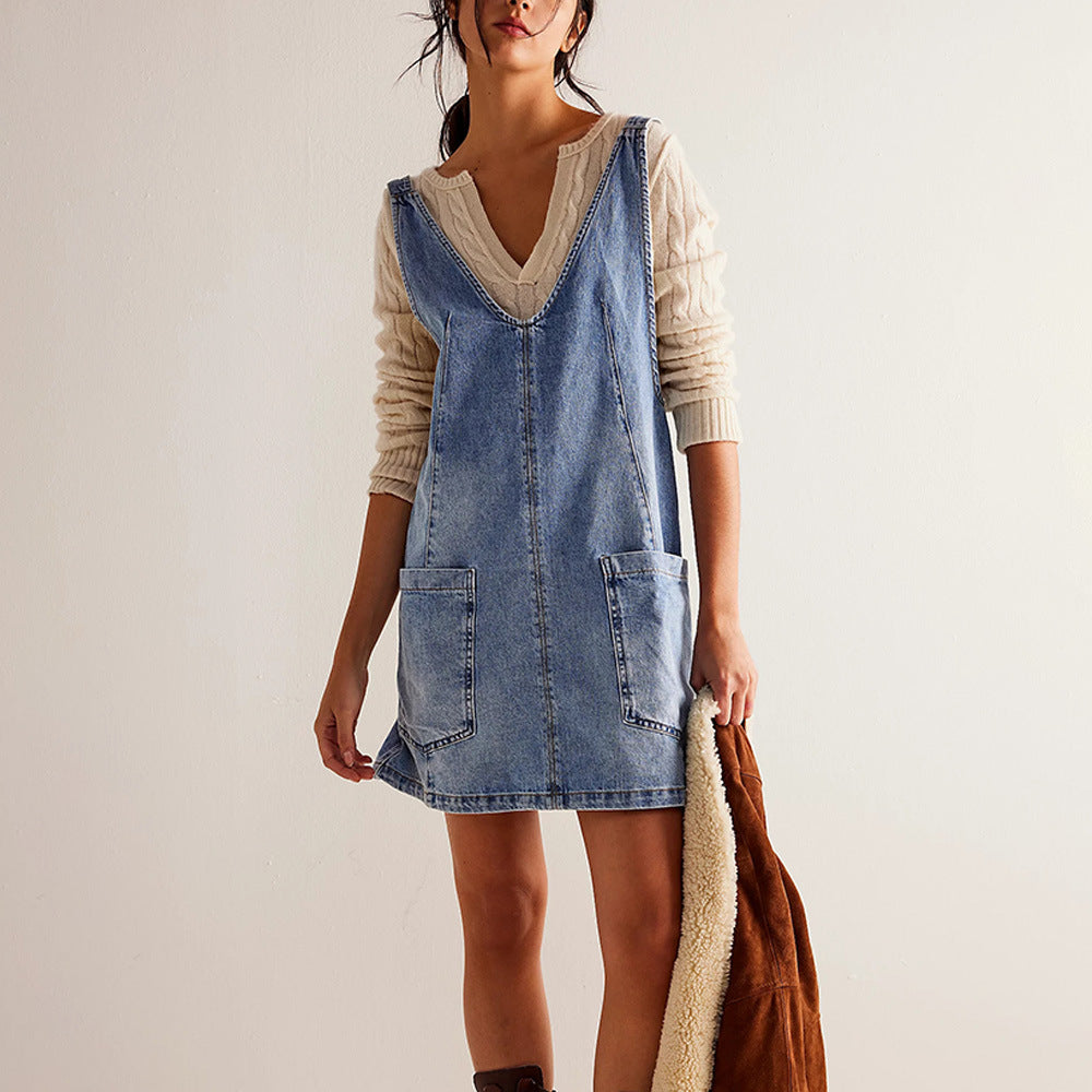 Stilla | Denim Strop Pocket Justerbar Mini Kjole