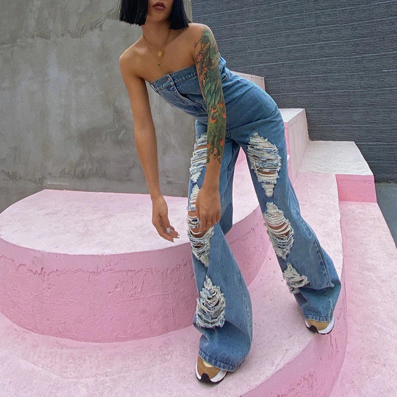 Femme Strapless Distressed Denim Overall Stilla
