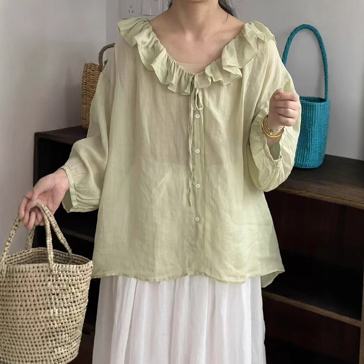 Femme Transparent Ruffle Krave Button-Up Bluse Stilla
