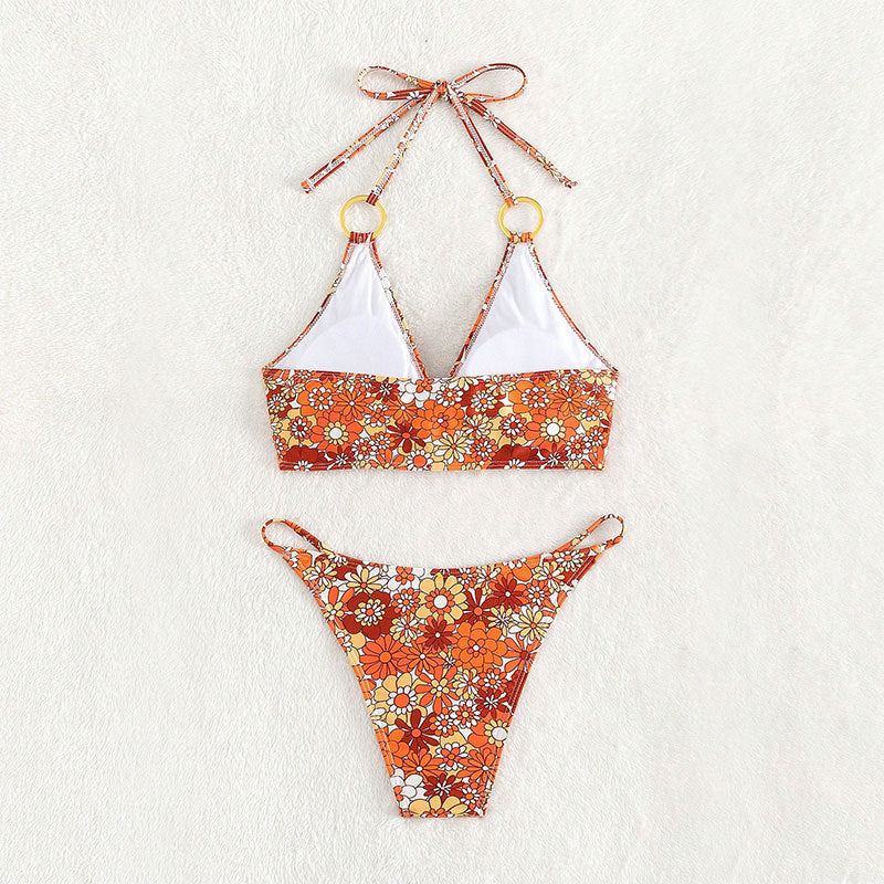 Dame triangel-bikini-sæt med blomsterprint og raffinerede ringdetaljer Skovae