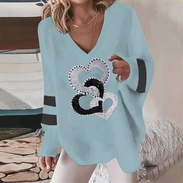 Damer V-hals sweatshirts med glitrende hjerte-motiver Stilla