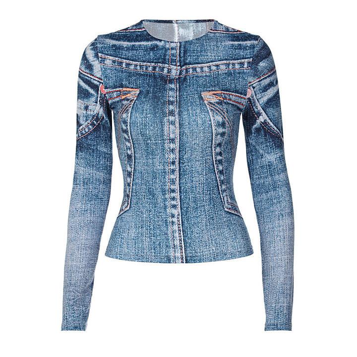 Dame tætsiddende Denim-overdel med lange ærmer og unikt print Stilla