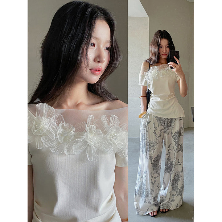 Dame Off-Shoulder-Bluse med blomster-spidsapplikationer og tætsiddende snit Stilla