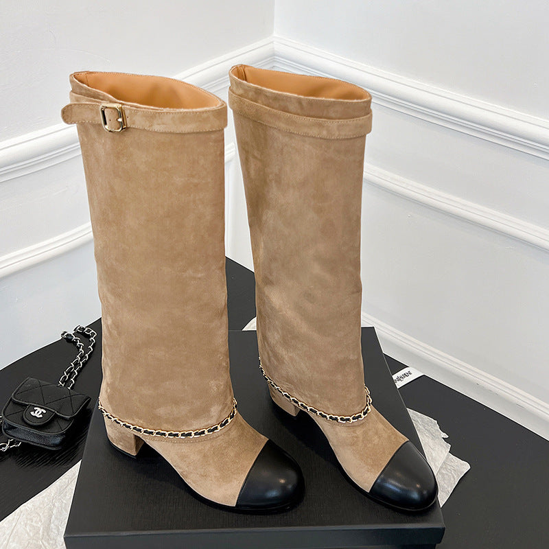 Femme Elegante Over-kneet Suede Blokhæl Støvler med Kæde Detalje Stilla
